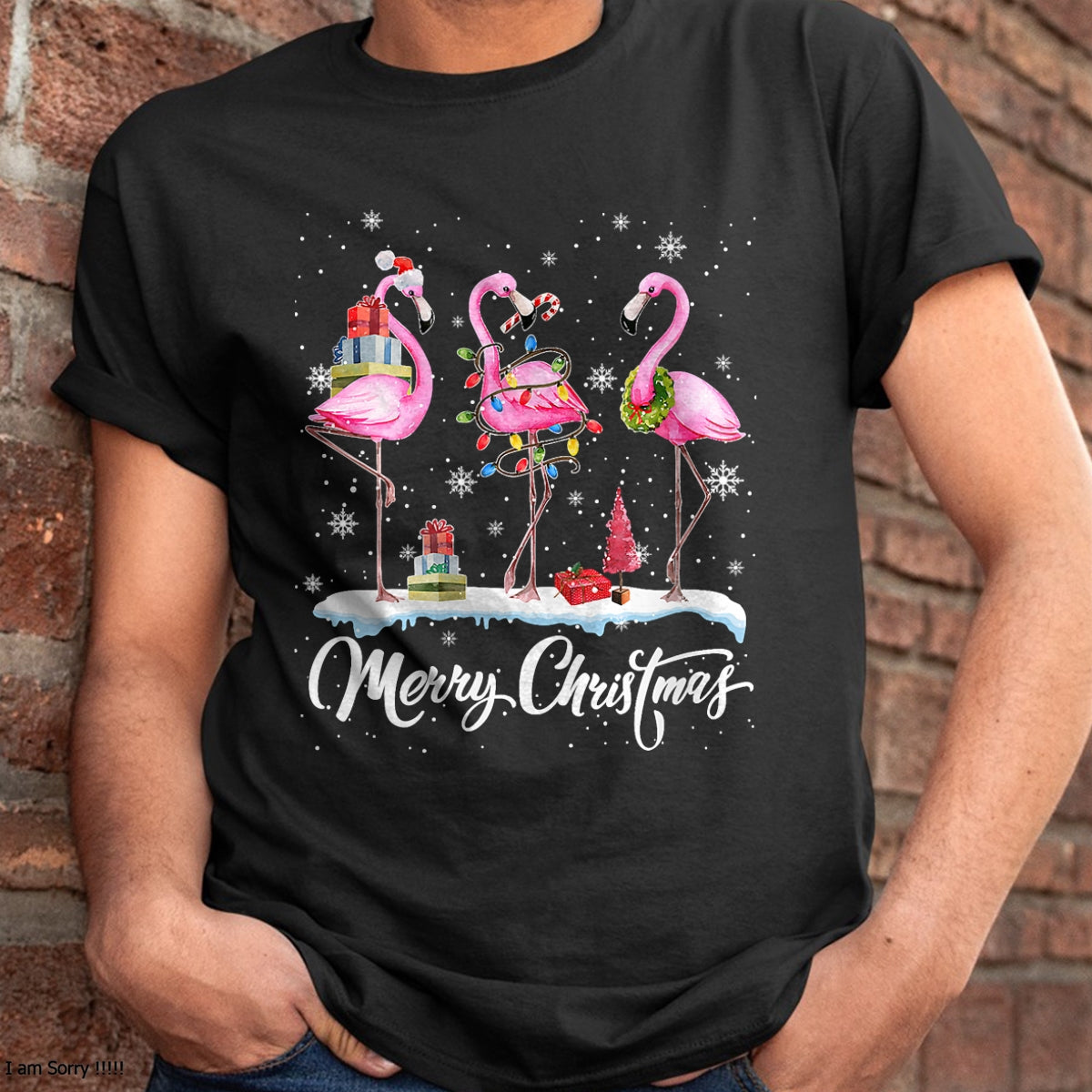 Merry Christmas Hat Santa Flamingo Light Christmas Snow T-Shirt - Christmas Unisex T-Shirt/Hoodie/Sweatshirt - ZON00