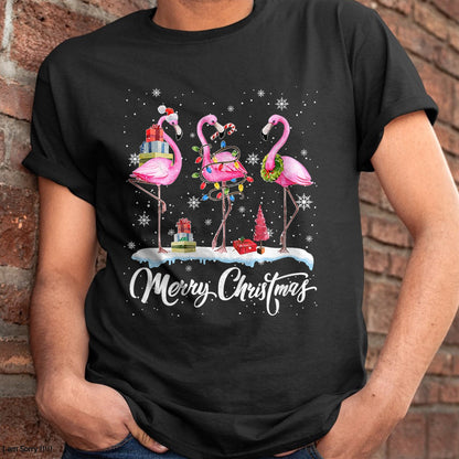 Merry Christmas Hat Santa Flamingo Light Christmas Snow T-Shirt - Christmas Unisex T-Shirt/Hoodie/Sweatshirt - ZON00