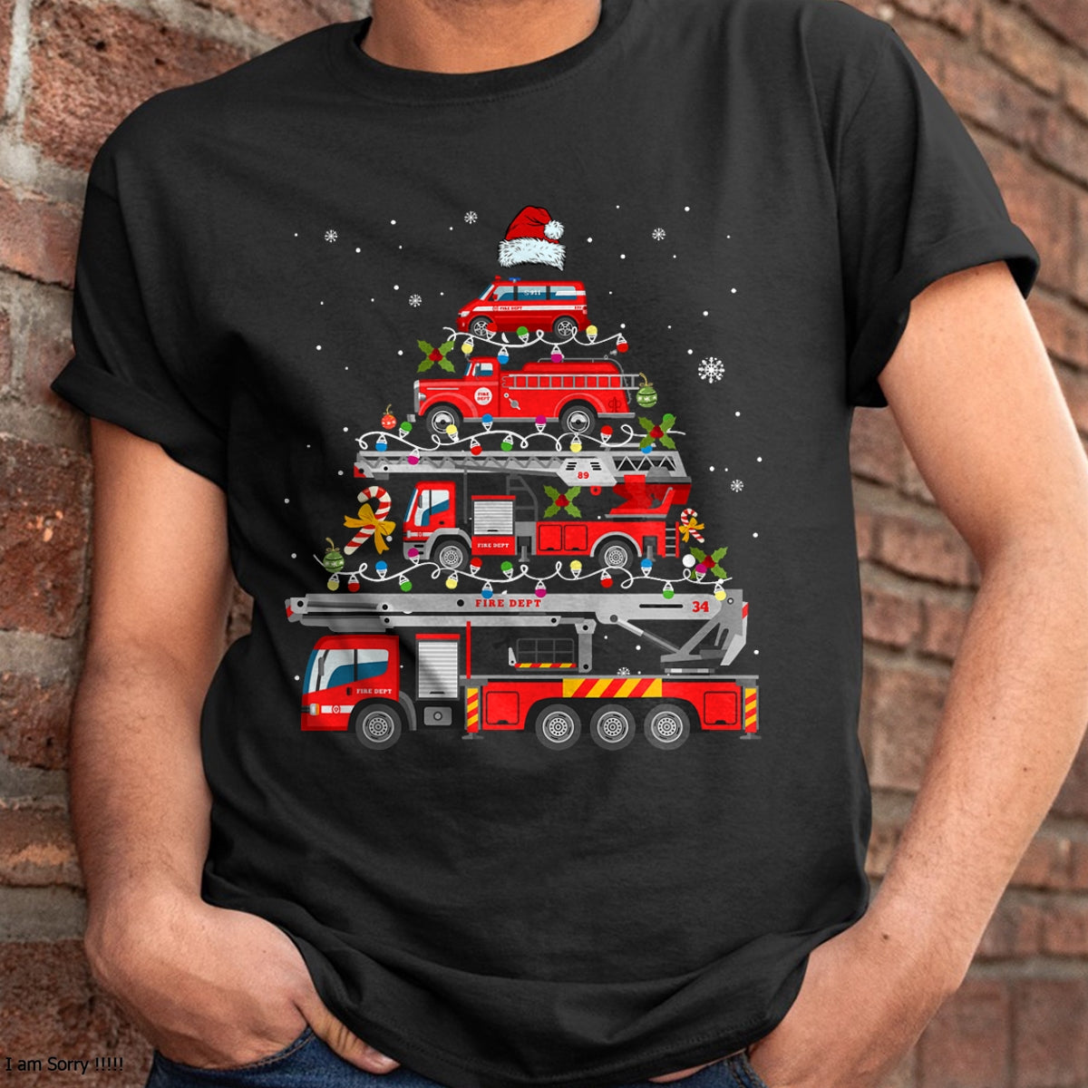 Firefighter Fire Truck Christmas Tree Lights Santa Fireman T-Shirt - Christmas Unisex T-Shirt/Hoodie/Sweatshirt - ZON00