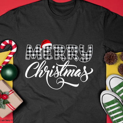 Merry Christmas Buffalo Black and White Plaid for Men Women T-Shirt - Christmas Unisex T-Shirt/Hoodie/Sweatshirt - ZON00