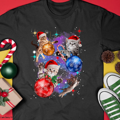Cute Christmas Cats In Space Ornaments Graphic T-Shirt - Christmas Unisex T-Shirt/Hoodie/Sweatshirt - ZON00