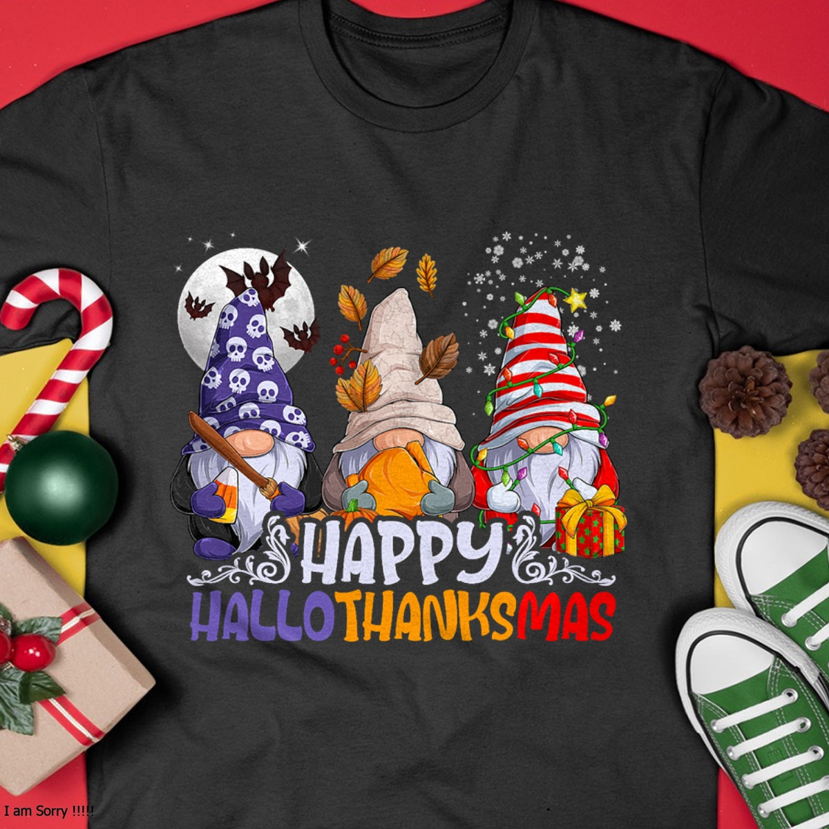 HalloThanksMas Gnomes Halloween Thanksgiving Christmas Happy T-Shirt - Christmas Unisex T-Shirt/Hoodie/Sweatshirt - ZON00