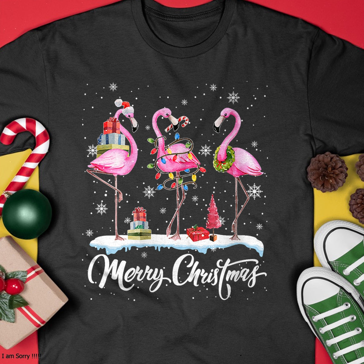 Merry Christmas Hat Santa Flamingo Light Christmas Snow T-Shirt - Christmas Unisex T-Shirt/Hoodie/Sweatshirt - ZON00