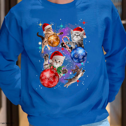 Cute Christmas Cats In Space Ornaments Graphic T-Shirt - Christmas Unisex T-Shirt/Hoodie/Sweatshirt - ZON00