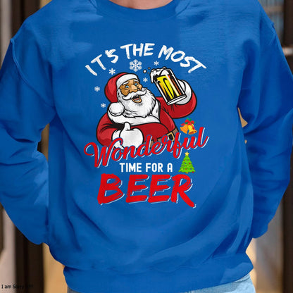 Funny Christmas Santa Claus Drinking Beer Wonderful Time T-Shirt - Christmas Unisex T-Shirt/Hoodie/Sweatshirt - ZON00