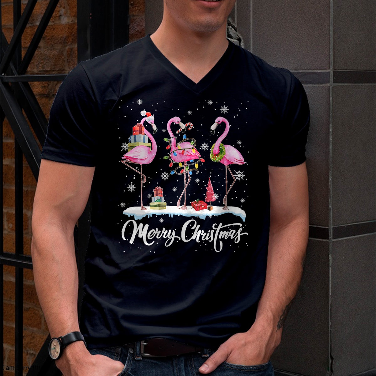 Merry Christmas Hat Santa Flamingo Light Christmas Snow T-Shirt - Christmas Unisex T-Shirt/Hoodie/Sweatshirt - ZON00