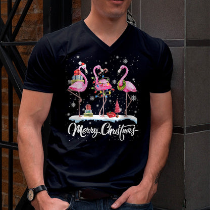 Merry Christmas Hat Santa Flamingo Light Christmas Snow T-Shirt - Christmas Unisex T-Shirt/Hoodie/Sweatshirt - ZON00