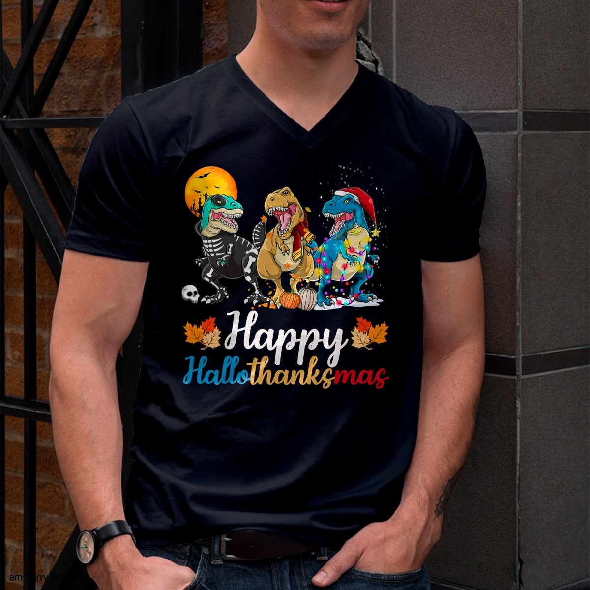 Halloween Thanksgiving Christmas Happy HalloThanksMas T rex T-Shirt - Christmas Unisex T-Shirt/Hoodie/Sweatshirt - ZON00