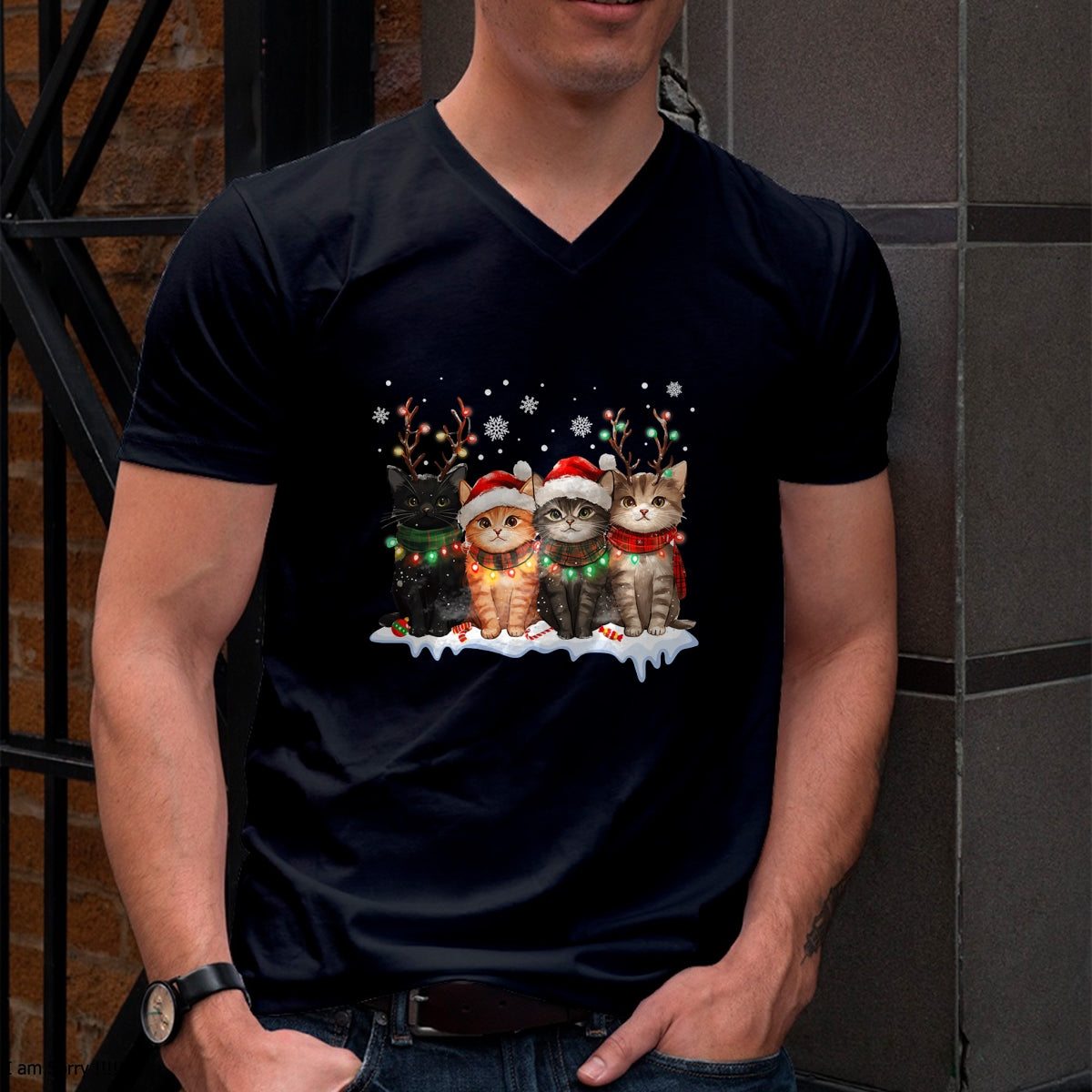 Cat Christmas Light Reindeer Santa Christmas Cat Lover T-Shirt - Christmas Unisex T-Shirt/Hoodie/Sweatshirt - ZON00
