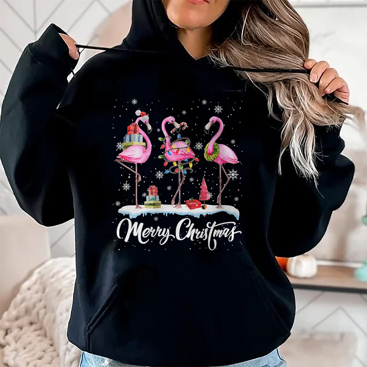 Merry Christmas Hat Santa Flamingo Light Christmas Snow T-Shirt - Christmas Unisex T-Shirt/Hoodie/Sweatshirt - ZON00