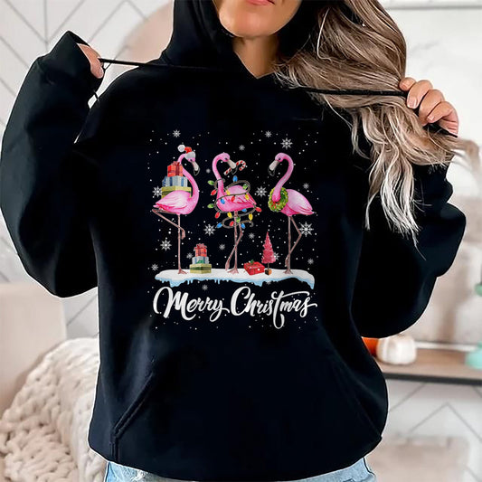 Merry Christmas Hat Santa Flamingo Light Christmas Snow T-Shirt - Christmas Unisex T-Shirt/Hoodie/Sweatshirt - ZON00