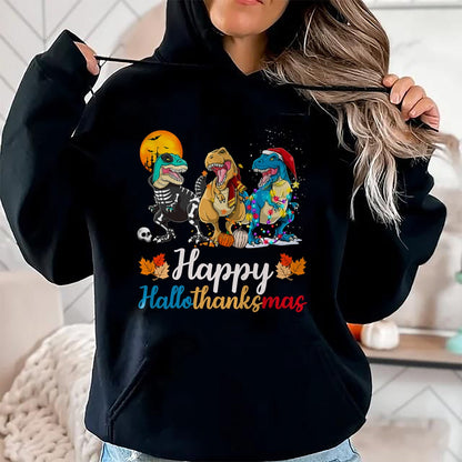 Halloween Thanksgiving Christmas Happy HalloThanksMas T rex T-Shirt - Christmas Unisex T-Shirt/Hoodie/Sweatshirt - ZON00