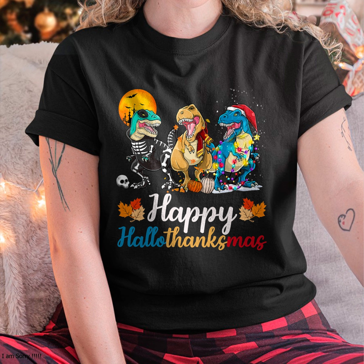 Halloween Thanksgiving Christmas Happy HalloThanksMas T rex T-Shirt - Christmas Unisex T-Shirt/Hoodie/Sweatshirt - ZON00