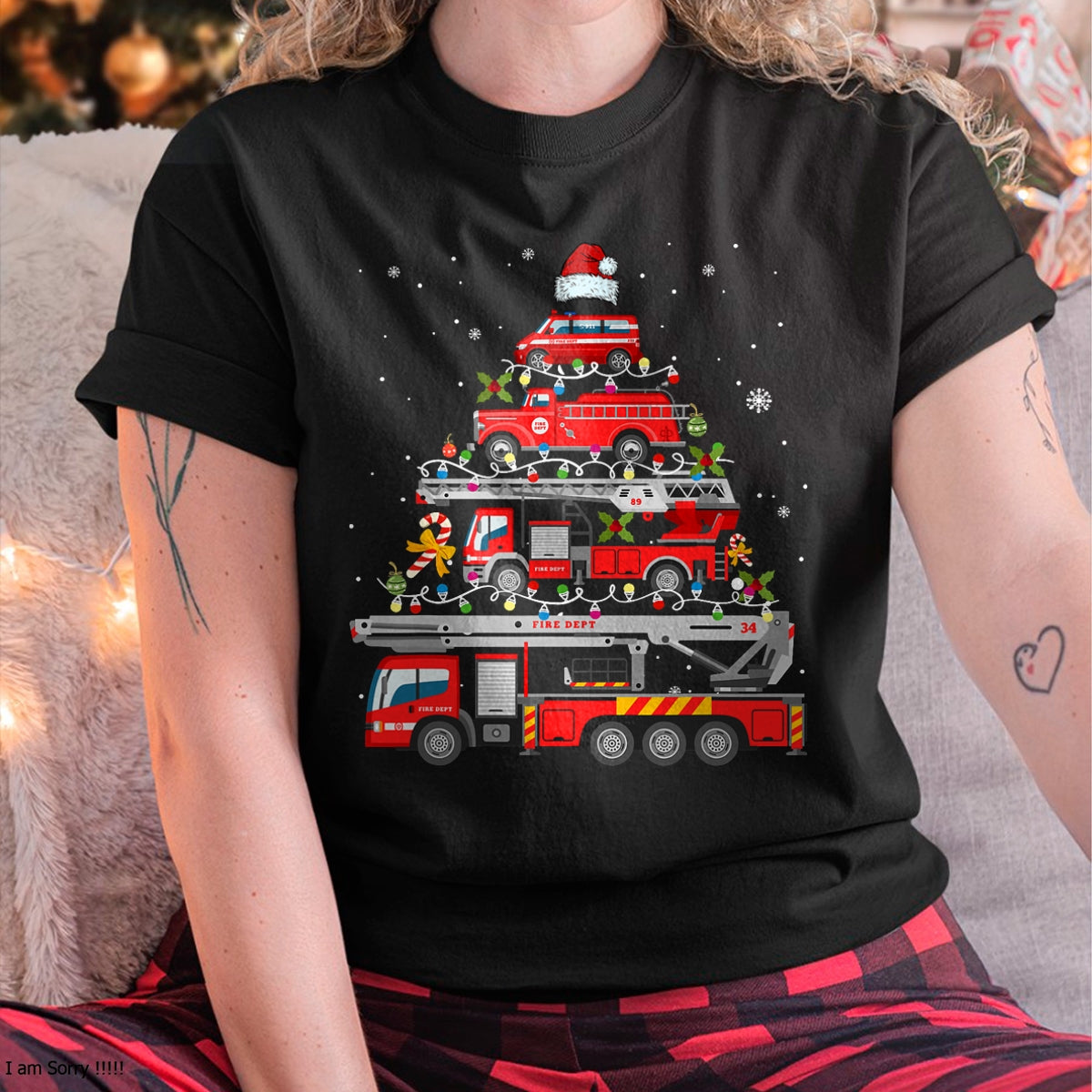 Firefighter Fire Truck Christmas Tree Lights Santa Fireman T-Shirt - Christmas Unisex T-Shirt/Hoodie/Sweatshirt - ZON00