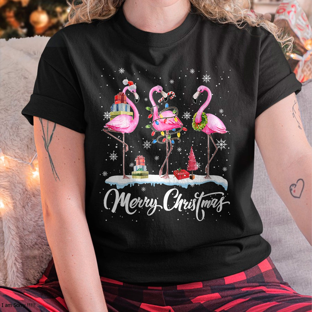 Merry Christmas Hat Santa Flamingo Light Christmas Snow T-Shirt - Christmas Unisex T-Shirt/Hoodie/Sweatshirt - ZON00