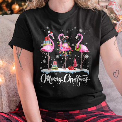 Merry Christmas Hat Santa Flamingo Light Christmas Snow T-Shirt - Christmas Unisex T-Shirt/Hoodie/Sweatshirt - ZON00