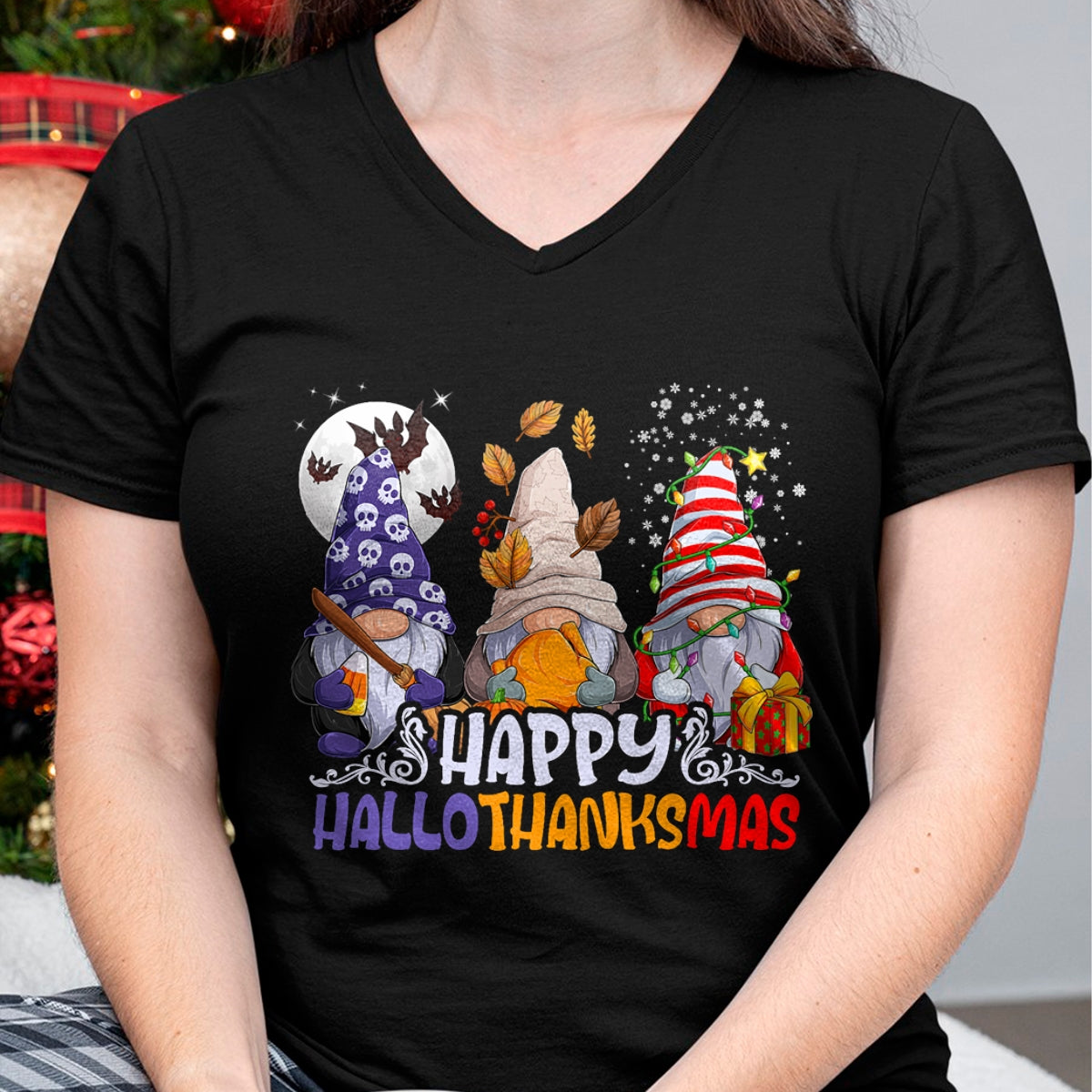 HalloThanksMas Gnomes Halloween Thanksgiving Christmas Happy T-Shirt - Christmas Unisex T-Shirt/Hoodie/Sweatshirt - ZON00