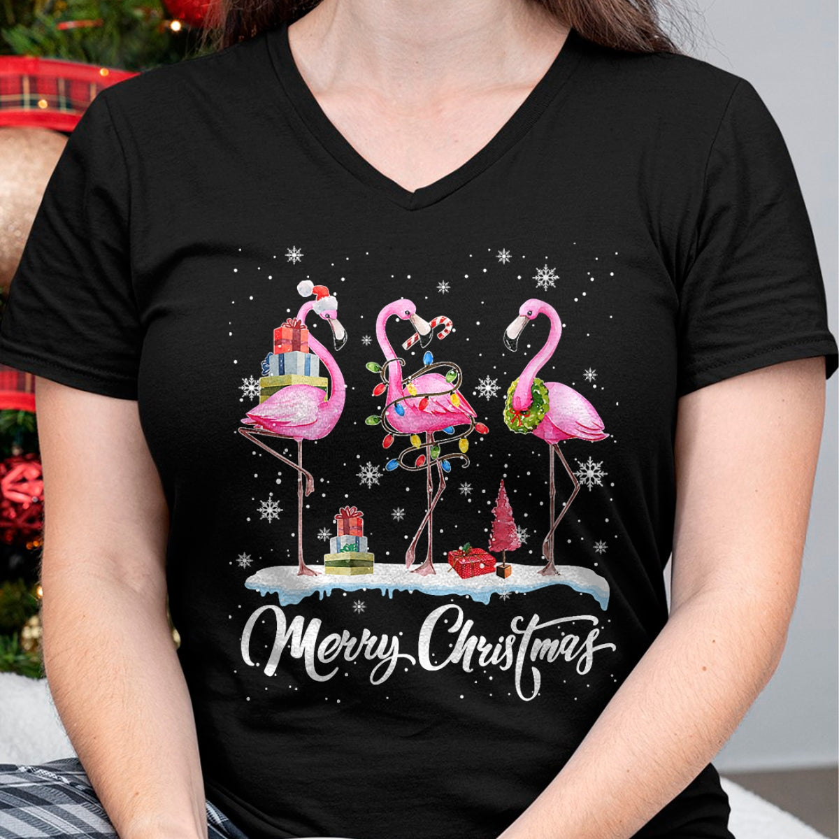 Merry Christmas Hat Santa Flamingo Light Christmas Snow T-Shirt - Christmas Unisex T-Shirt/Hoodie/Sweatshirt - ZON00
