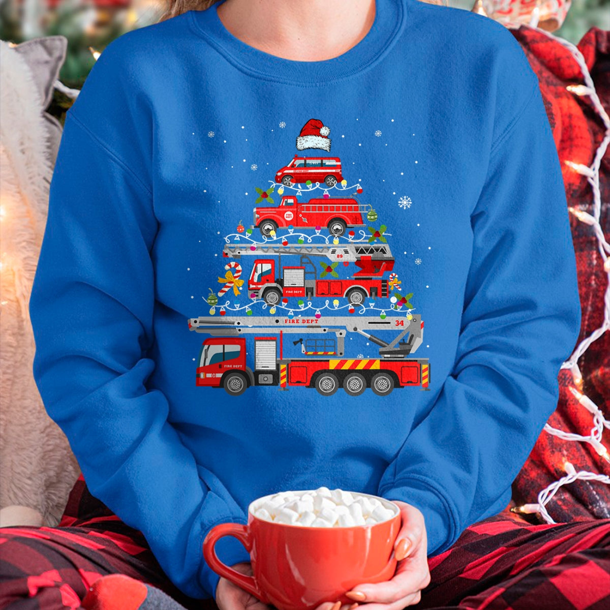 Firefighter Fire Truck Christmas Tree Lights Santa Fireman T-Shirt - Christmas Unisex T-Shirt/Hoodie/Sweatshirt - ZON00
